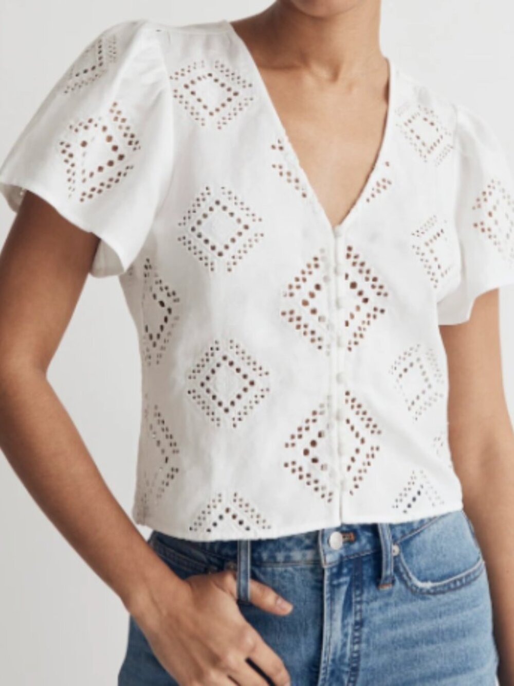 Madewell Eyelet Flutter Sleeve Linen Blend Top XXS NWT | Coastal Cottagecore